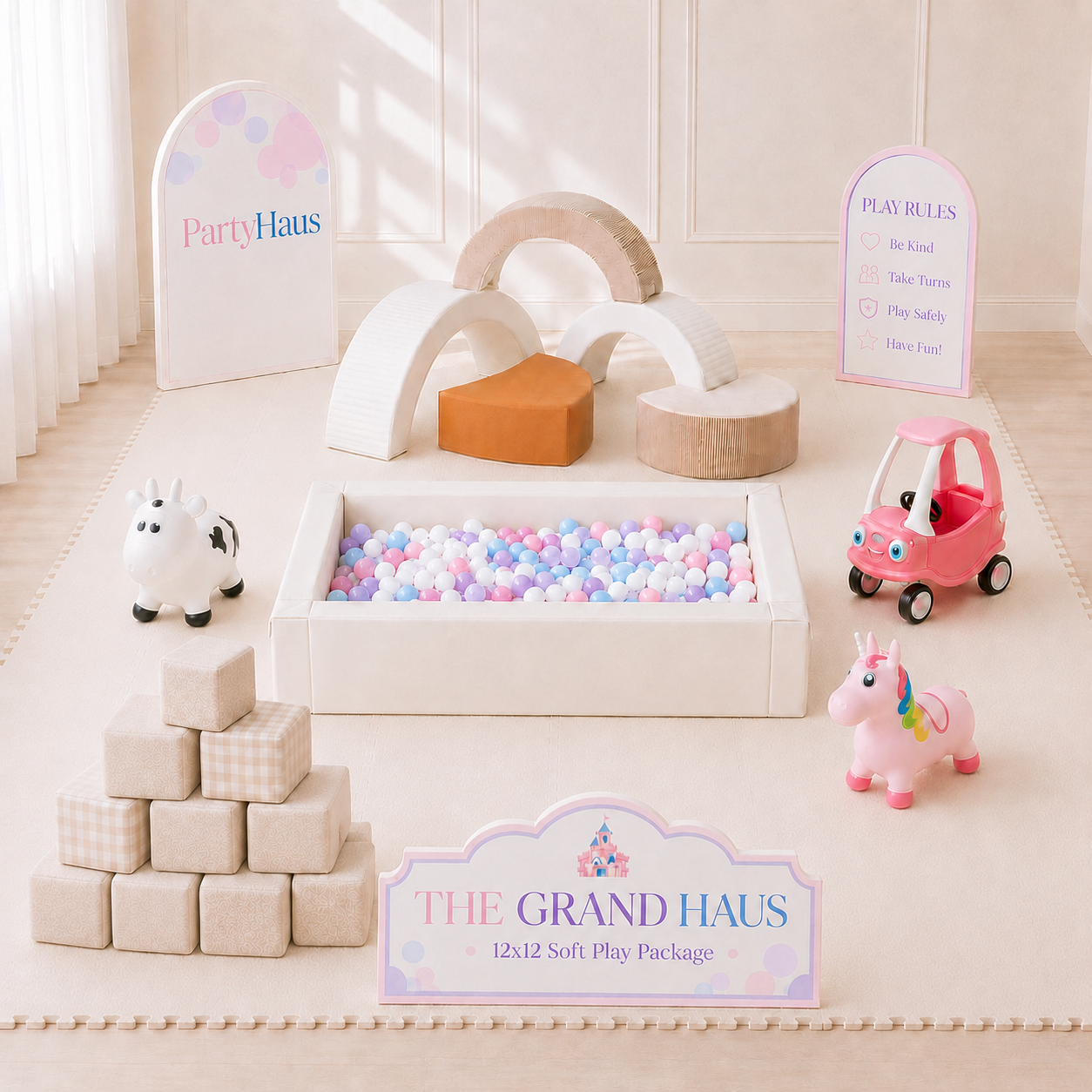 PartyHaus luxury soft play scene with ball pit, foam blocks, arches and ride-on toys